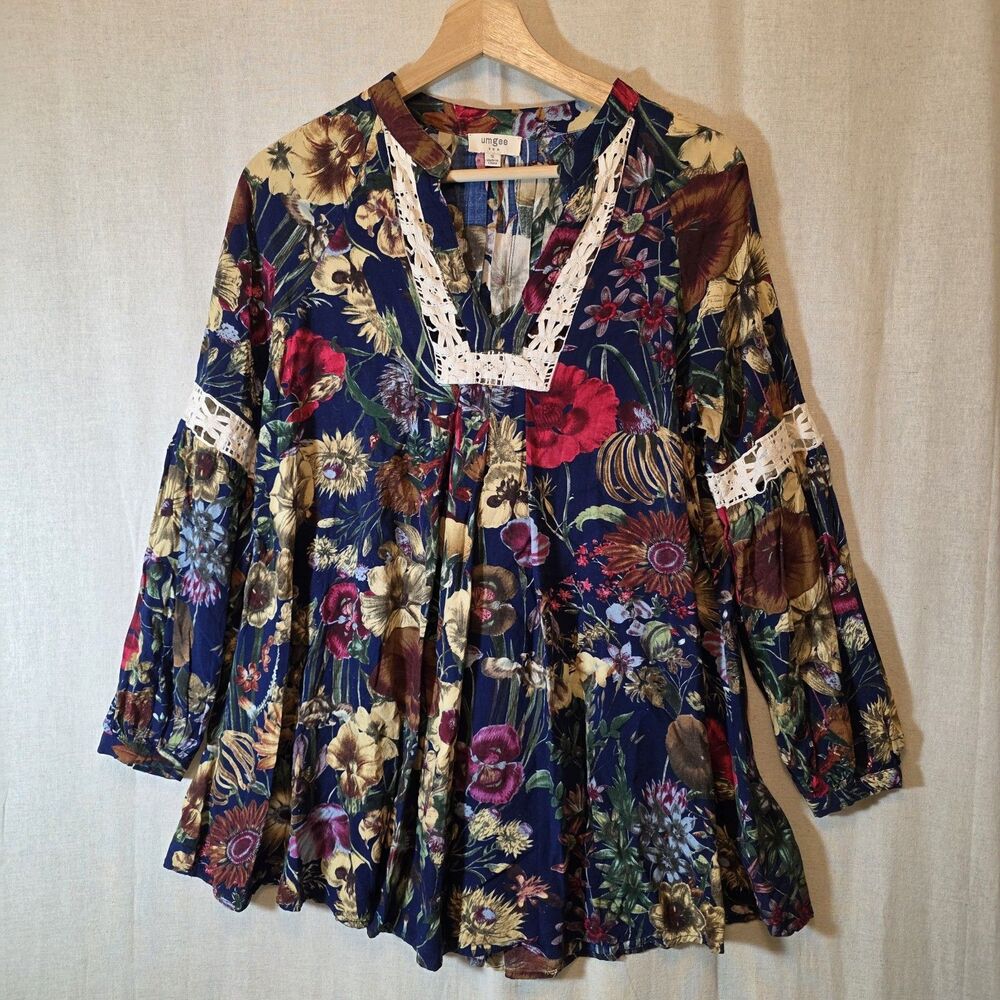 Umgee Dark Floral Womens Small Peasant Top Ivory Lace Inset Fall Colors Boho